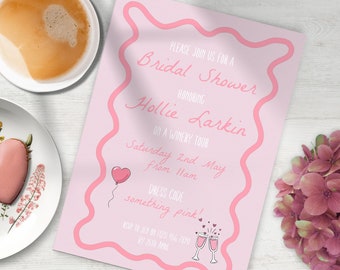 Wavy Bridal Shower Invitation, INSTANT DOWNLOAD, Modern Wavy kitchen tea invite, Pink, retro bridal shower, winery tour, bachelorette