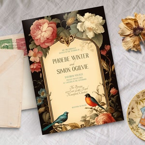 Victorian wedding invitation, INSTANT DOWNLOAD, Vintage floral invite, botanical, regency, baroque, Whimsical, roses, bird, Jane Austen