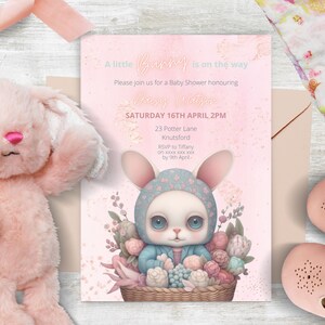 A Little Bunny is on the Way Baby Shower invitation INSTANT DOWNLOAD floral Rabbit Easter Spring theme baby shower invite canva template
