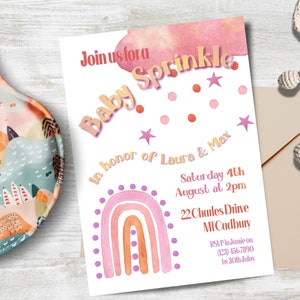 Editable Boho Baby Sprinkle Invitation Girl, INSTANT DOWNLOAD, Pink Rainbow Baby Shower Invite, Editable Baby Shower Invite, Printable