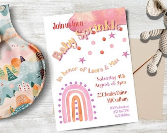 Editable Boho Baby Sprinkle Invitation Girl, INSTANT DOWNLOAD, Pink Rainbow Baby Shower Invite, Editable Baby Shower Invite, Printable