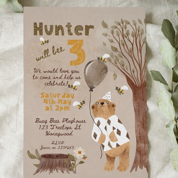 Hunter Bear Birthday Invitation INSTANT DOWNLOAD Canva editable gender neutral children"s birthday party invitation BONUS free evite