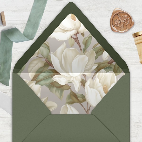 Beautiful Magnolia Envelope Liner, INSTANT DOWNLOAD, Canva Template, botanical, floral boho, Envelope Liner in multiple sizes, A7 and other