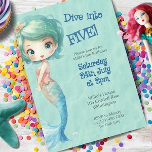 Dive into Five Mermaid Invitation, INSTANT DOWNLOAD, pool party, mermaid party, 5 year old birthday girl, splish splash invite, evite