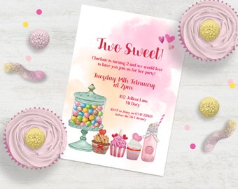May include: A pink and white invitation card with the text "Two Sweet!" and a watercolor illustration of a candy jar, cupcakes, and a milkshake. The invitation is for a birthday party for a child turning two years old. The party is scheduled for Tuesday, February 14th at 2pm. The address is 102 Jellicot Lane, Mt Dory. RSVP to Jenny on 03 87 22828 before February 7th.