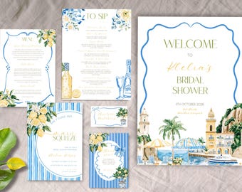 May include: A collection of bridal shower stationery with a lemon and blue theme. Includes a menu, invitation, and welcome sign. The welcome sign features a coastal scene with a boat, umbrellas, and buildings. The invitation reads "She found her main squeeze."