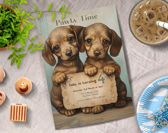 Peut inclure: Une invitation à une fête d'anniversaire avec deux chiots teckel bruns tenant une pancarte qui dit "Toby a 4 ans". La pancarte indique également la date, l'heure et le lieu de la fête. L'arrière-plan est un motif de bois de couleur bleu clair et blanc.