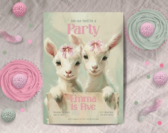 May include: A pastel green party invitation with two white baby goats wearing pink bows. The goats are holding a sign that says "Emma is Five".