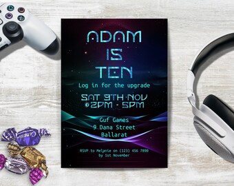 Gamer Birthday Invitation, INSTANT DOWNLOAD, gamer boy invite, any age boy, gaming party, video game invitation, Level Up party, editable