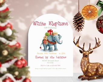 White Elephant Party Invitation Template, INSTANT DOWNLOAD, Secret Santa Christmas Party Invite, Invitation Template, Digital Download