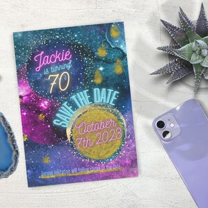 Mystical Galaxy Save the Date Invitation INSTANT DOWNLOAD purple teal gold foil glow writing all ages party invite Canva template