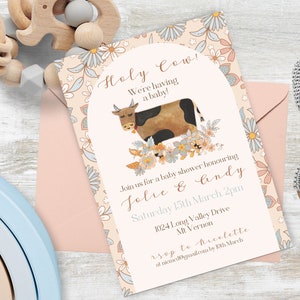 Convite para chá de bebê Holy Cow DOWNLOAD INSTANTÂNEO flores retrô tema boho rancho convite para chá de bebê modelo canva