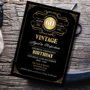 Editable Aged to Perfection Birthday Invitation, INSTANT DOWNLOAD 60th, Gold, Whiskey Label Birthday Invitation, Vintage Birthday Party,