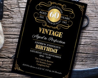 Editable Aged to Perfection Birthday Invitation, INSTANT DOWNLOAD 60th, Gold, Whiskey Label Birthday Invitation, Vintage Birthday Party,
