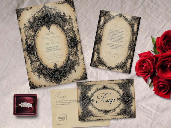 Gothic Wedding Invitation, INSTANT DOWNLOAD, Victorian Wedding Suite, Edwardian Wedding Bundle, Sepia toned, RSVP, Victorian Wedding evite