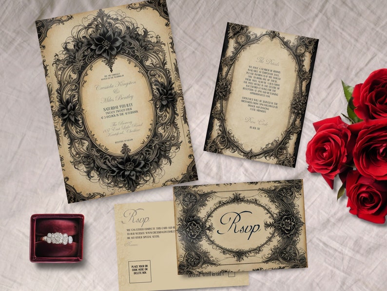 May include: A wedding invitation suite with a vintage, gothic theme. The invitation features a black and white ornate frame with floral details. The text reads "Cordelia Kingsley & Miles Bentley, Saturday, 9th May, 2023, at 3 o'clock in the afternoon, The Priory, 455 East Lake Boulevard, Redwood, California."