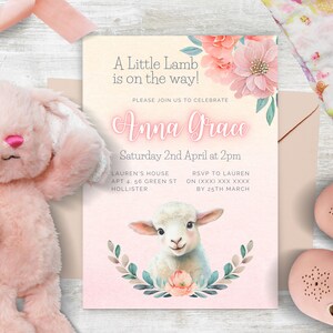 Little Lamb on the Way Baby Shower Invitation INSTANT DOWNLOAD Editable Baby Sheep Shower Invite Template, Printable, 100% Editable in Canva