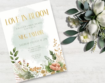 Inbjudan till bruddusch med kärlek i blom, direkt nedladdning, brudduschinbjudan med vildblommor, redigerbar mall för bruddusch med blommor