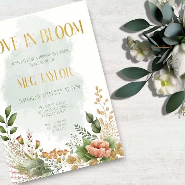 Love in Bloom Bridal Shower Invitation, INSTANT DOWNLOAD, Wildflower Bridal Shower Invite, Floral Bridal Shower Editable Template