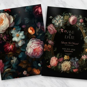 May include: Save the Date invitation with a black background and a gold oval frame surrounded by dark, lush, floral arrangements. The text reads "Save the Date" with the names "Lisette & Daniel" and the date "9th July 2024".