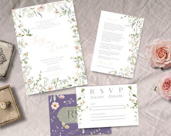 Wildflower bruiloft uitnodigingsbundel, INSTANT DOWNLOAD, afdrukbare boho bloemenbundel, elegant ontwerp voor rustieke bruiloften, wilde bloemenbundel