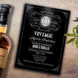 Editable Aged to Perfection Birthday Invitation, INSTANT DOWNLOAD 60th, Silver, Whiskey Label Birthday Invitation, Vintage Birthday Party,