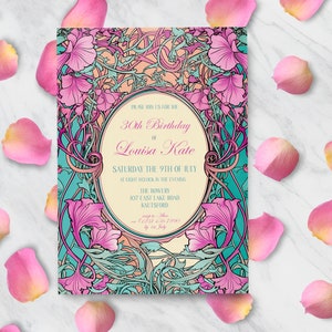 Art Nouveau Birthday Invitation, INSTANT DOWNLOAD, 30th Birthday Invite,Vintage Party, Jane Austen, Gatsby, Alphonse Mucha, William Morris