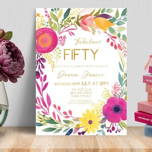 Fabulous Fifty invitation, INSTANT DOWNLOAD, gold invite, Modern 50th invite, boho 50th, ladies 50th, fabulous 50, Ladies Floral Invitation