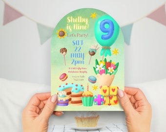 Ninth Birthday Girl Invitation INSTANT DOWNLOAD cake candy hot chocolate 9th party invite CANVA template birthday sweeties