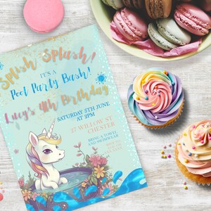 Unicorn Pool Party Invitation, INSTANT DOWNLOAD, pool party, mermaid party, 4 year old birthday girl, splish splash invite, digital invite
