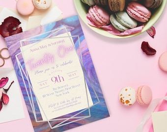 Purple Ink & Geometric 21st Birthday Invitation INSTANT DOWNLOAD canva template oil slick purple blue and silver twenty first party invite