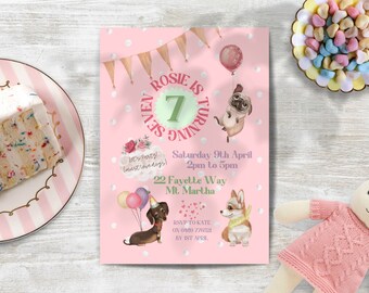 Pawty Invitation GIrl séptimo cumpleaños DESCARGA INSTANTE Canva Plantilla Cachorro 7º Cumpleaños Fiesta Perro Fiesta Imprimible editable todas las edades