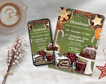 Könnte beinhalten: Eine grüne Weihnachtsfeier-Einladung mit einer Aquarell-Illustration von festlichen Leckereien, darunter Mince Pies, ein Weihnachtspudding und ein Glas Glühwein. Der Text lautet "Weihnachten, Einfach nicht dasselbe ohne dich... 25. Dezember 12.00 Uhr, 22 Lavender Lane, West Chester, Bitte bring dein Lieblingsgericht zum Teilen mit! RSVP an Maggie 6533 5431 bis zum 15. Dezember."