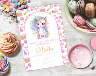 Uitnodiging voor feestje van Unicorn, INSTANT DOWNLOAD, Unicorn verjaardag, meisje dat 3 wordt, meisje 3e verjaardag, Rainbow Unicorn, elke leeftijd, roze Eenhoorn