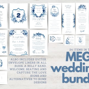 Könnte beinhalten: Ein blaues und weißes Hochzeits-Einladungs-Paket mit floralen Designs. Das Paket enthält 24 Artikel, darunter Save-the-Dates, Einladungen, RSVP-Karten, Tischnummern und mehr. Der Text "MEGA wedding bundle" ist in Blau dargestellt.