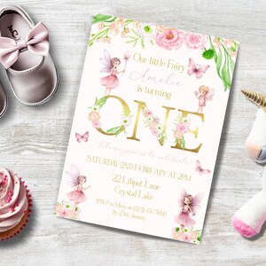 Editable Fairy 1st Birthday Invitation, INSTANT DOWNLOAD, Magical Floral Fairy Garden, Gold Foil Letters, Floral Watercolor First Party
