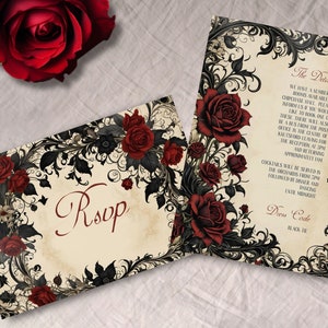 May include: A black and white floral design with red roses on a cream background. The text "RSVP" is written in red cursive. The text "The Details" is written in black on a cream background. The text "Dress Code: Black Tie" is written in black on a cream background.