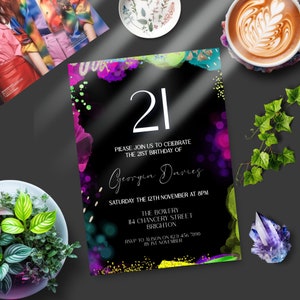 21st Birthday Invitation, INSTANT DOWNLOAD, Neon, Neon invitation, female twenty one, black and neon, sparkles, surprise party, girl 21