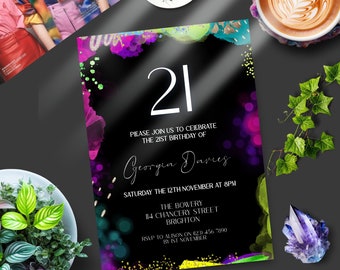 21st Birthday Invitation, INSTANT DOWNLOAD, Neon, Neon invitation, female twenty one, black and neon, sparkles, surprise party, girl 21