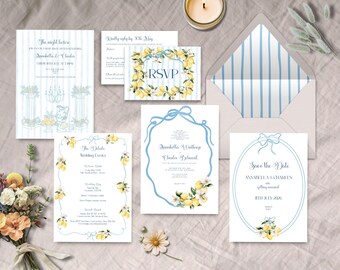Italian Wedding Invitation Bundle, INSTANT DOWNLOAD, Amalfi theme, lemons, hand drawn invites, destination wedding, Amalfi Coast wedding,