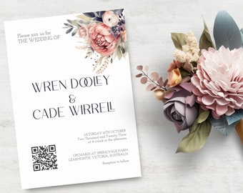 QR Code Wedding Invitation, INSTANT DOWNLOAD, boho floral wedding invite, floral, blush, minimal wedding invitation with qr code