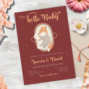 Burgundy Fall Baby Shower Invitation, INSTANT DOWNLOAD, Hello Baby, baby is brewing, fall baby shower, little Fox baby shower, Autumn Baby