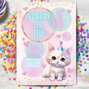 Cat Party Invitation, INSTANT DOWNLOAD, birthday paw-ty Invite, girl 5th Party, five year old girl, girl turning five, edit for all ages!