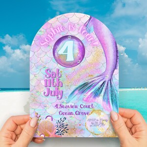 Fourth Birthday Mermaid Invitation INSTANT DOWNLOAD fantasy under sea party invite 4th Birthday canva template gold foil