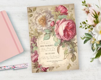 Invitation de baby shower, téléchargement immédiat, baby shower vintage, baby shower floral victorien, baby shower rose, modèle modifiable