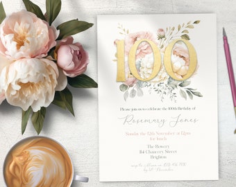 Ladies 100th Birthday Invitation, INSTANT DOWNLOAD, floral boho invite, Ladies One Hundredth invite, elegant birthday party invite