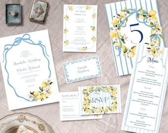 Italian Wedding Invitation Bundle, INSTANT DOWNLOAD, Amalfi theme, lemons, blue & yellow, destination wedding, Amalfi Coast wedding,