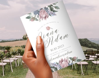 Elegantes Hochzeitsprogramm, SOFORTIGER DOWNLOAD, Orden des Dienstes, Heiratszeremonie, Protea-Hochzeit, Florale Reiseroute, Kirchenprogramm