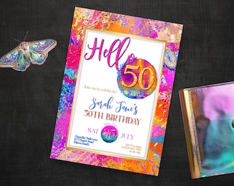 Hello Fifty invitation, INSTANT DOWNLOAD, pink orange gold invite, Modern 50th, tropical 50th, ladies 50th, fabulous 50 for her