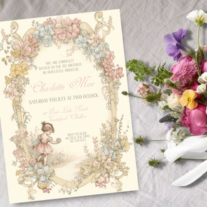 Victorian Birthday Invitation, INSTANT DOWNLOAD, Botanical Invite, watercolor floral, Girl&#39;s Birthday Invite, editable, Jane Austen, 1st,